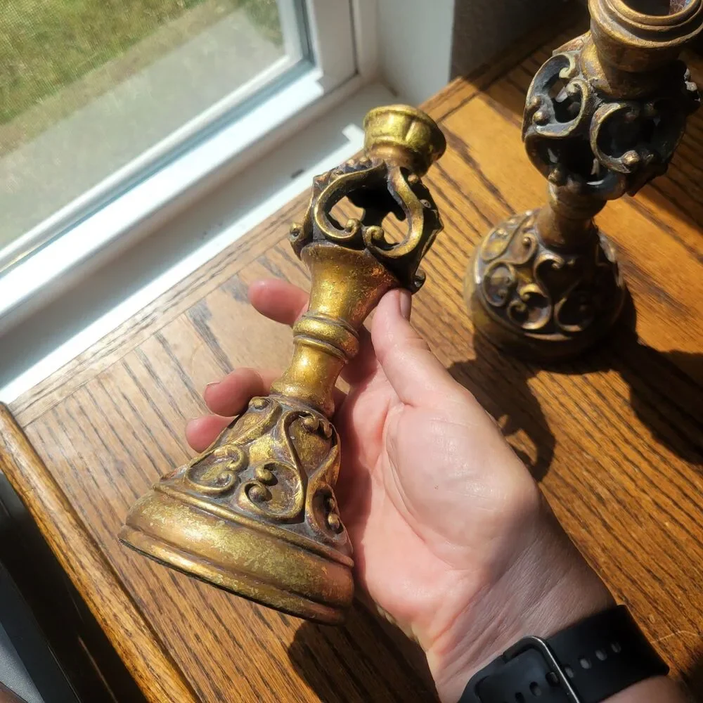 Ornate Candle Scroll Holder Gold Tone  Beige Resin 8 Inches Tall Par Lot Of 2 VG